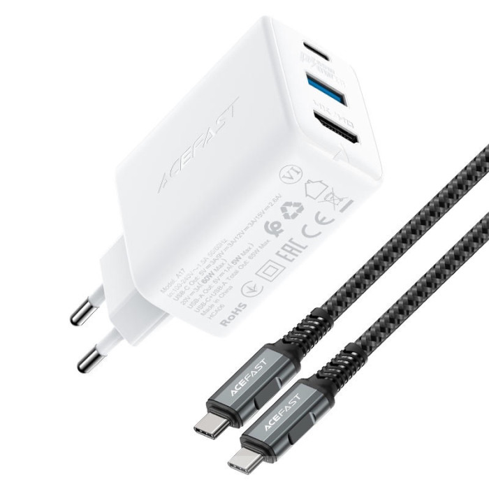 Зарядное устройство ACEFAST A17 65W GaN USB-C+USB+HDMI Белый