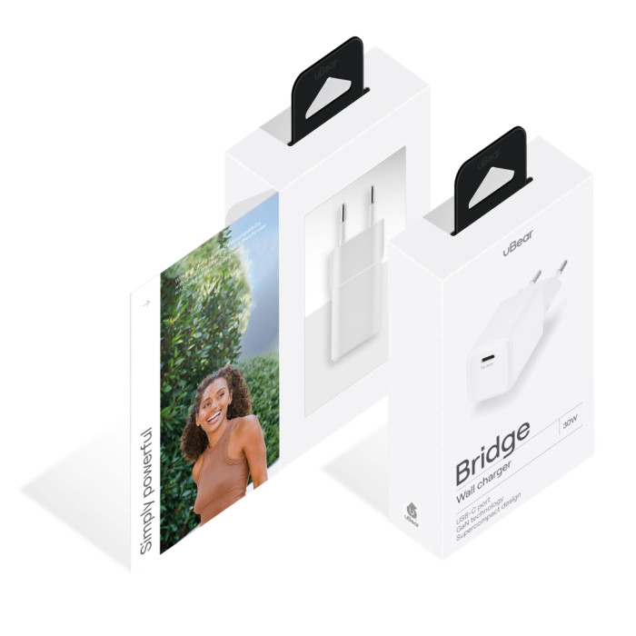 Cетевое зарядное устройство uBear Bridge USB-C, 30 Вт, GaN + Super Fast Charging, White