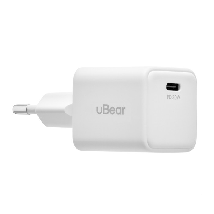 Cетевое зарядное устройство uBear Bridge USB-C, 30 Вт, GaN + Super Fast Charging, White