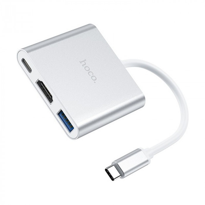 Стыковочная станция HOCO HB14 Easy use Type-C adapter (Type-C to USB3.0+HDMI+PD), серебристый